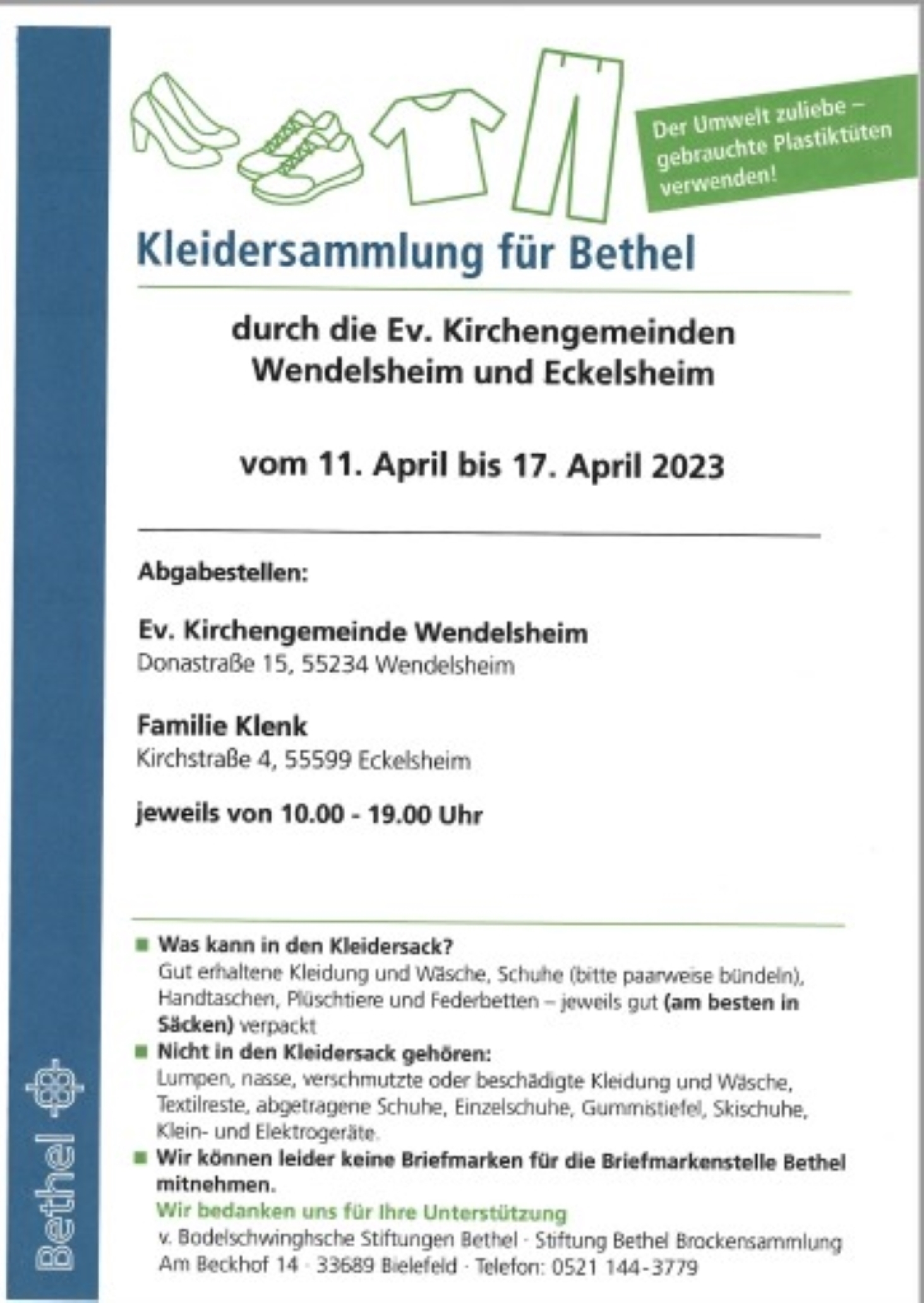 You are currently viewing Kleidersammlung für Bethel durch die Ev.Kirchengemeinden Wendelsheim und Eckelsheim vom 11.April bis 17.April 2023