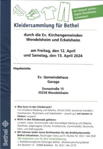 Read more about the article Kleidersammlung für Bethel durch die Ev.Kirchengemeinde Wendelsheim vom 12.April bis 13.April 2024